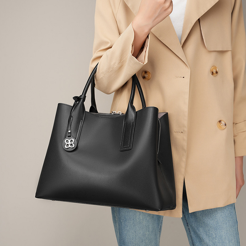 Structured Handbag Top Handle - 여성용 블랙 천연 가죽 스트럭쳐드 토트백,