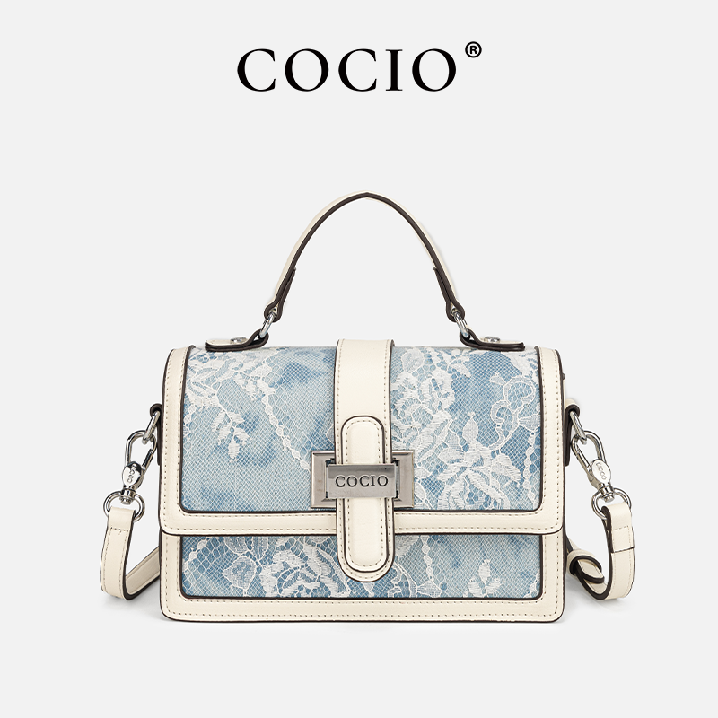 Structured Handbag Top Handle - 여성 블루 스네이크 프린트 레이스 패턴